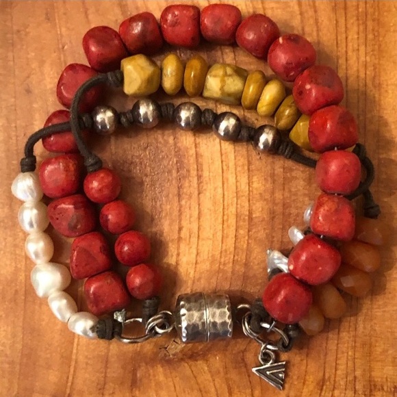 Vintage Silpada Sterling Silver Pearl Coral Jasper Magnetic Clasp Bracelet B1423 - Picture 2 of 8